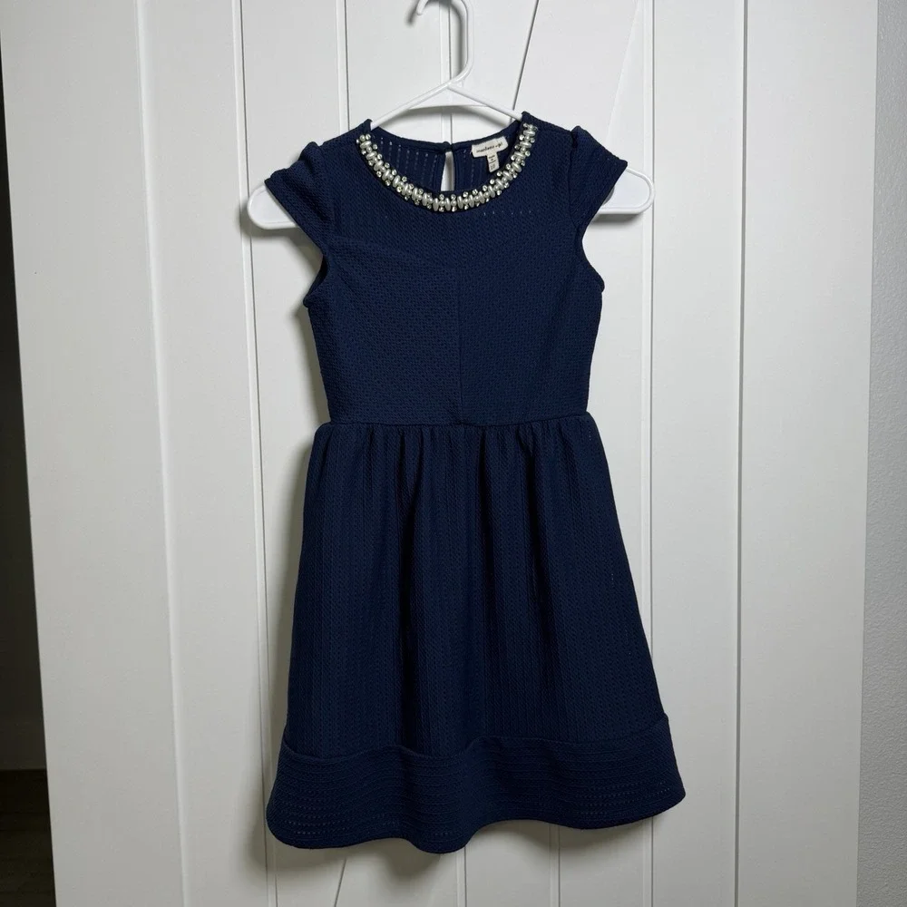 Monteau girl navy blue Dress Size 10 beaded neck sleeveless Party Festive